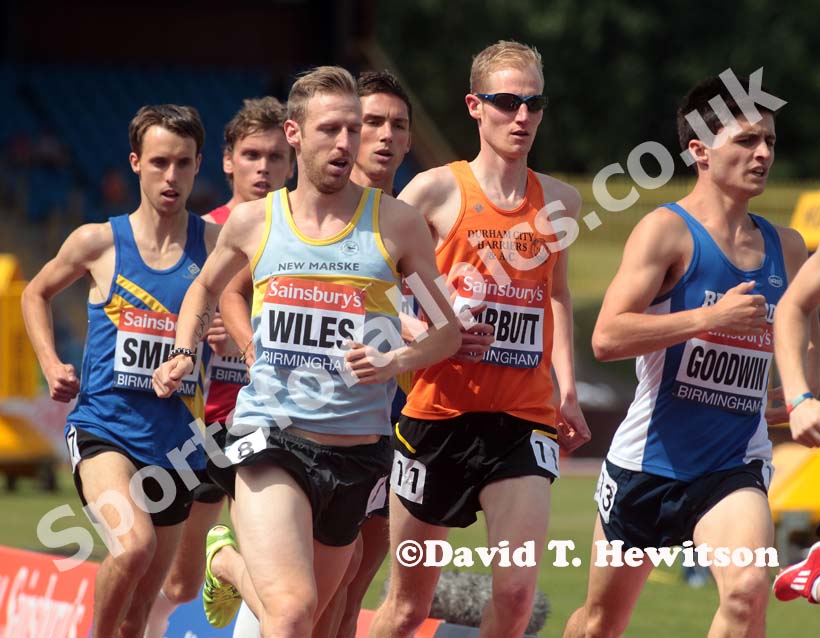 Andy Wiles (New Marske), Dan Garbutt (Durham City and Carl Smith (Leeds City) during the 5000 metres at the Sainsbury's British Championships, Birmingham.